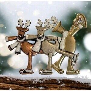 Ice Skating Reindeer Christmas Rhinestone  Brooch Pin Tri-color Copper Tone